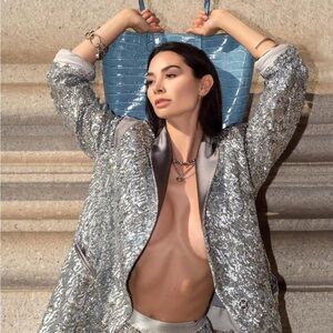 Rare Feé FREY Sequin Blazer with gold/tan  Trim oversized one size